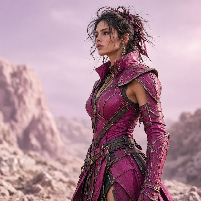 An image depicting a wild character dressed in magenta attire, an outfit, or armor. No text. A complementary pastel background. Lifestyle photography. — Grok Imagine Image 2