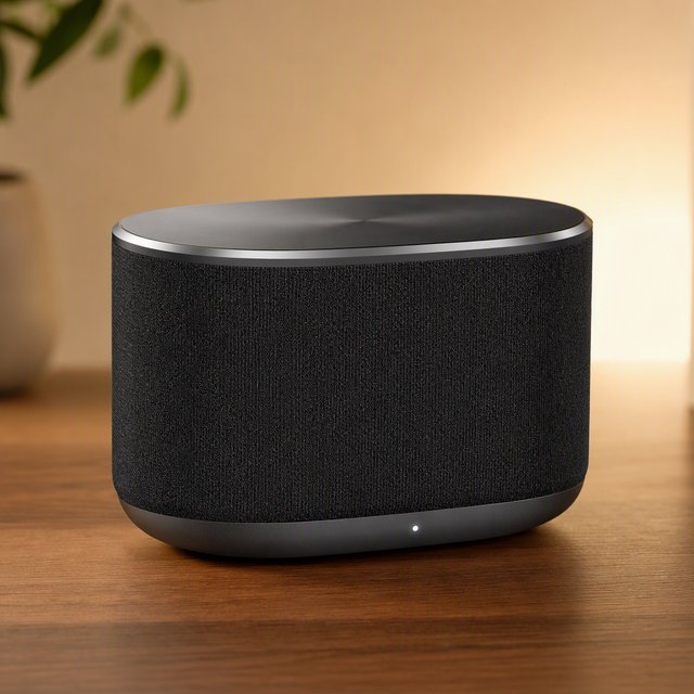 Commercial product photograph of an unbranded wireless speaker made from textured black fabric and satin aluminum, placed on a walnut tabletop against a warm cream background, illuminated by a large softbox and subtle backlight. — GPT Image 2