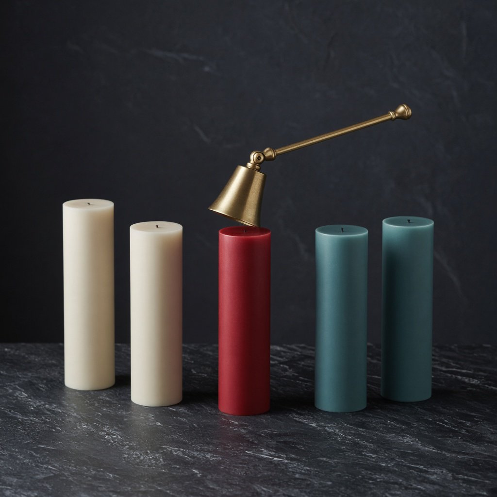Exactly five candles stand on a dark slate tabletop: two ivory candles on the left, one red candle in the center, and two teal candles on the right. A brass snuffer sits above the red candle, nothing else. — Grok Imagine Image 2