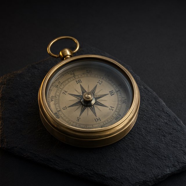 A compact brass pocket compass rests on black slate, its satin-metal casing and clear glass cover catching a broad diffused key and narrow warm rim light against a deep charcoal background; an unbranded commercial product image, blank face without lettering. — Qwen Image 3.0 Pro