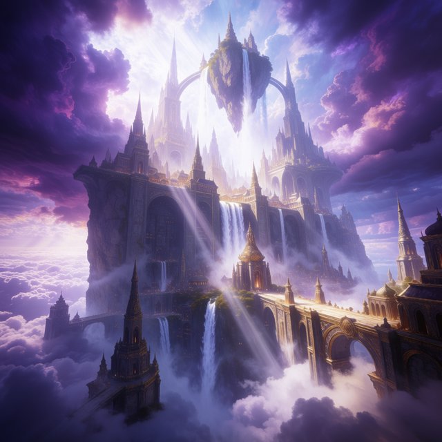 A colossal cliffside monastery hangs beneath a floating island, its waterfalls falling into luminous cloud seas. Bronze bridges connect needle towers, while dawn rays pierce violet storms and tiny windows glow above an endless abyss. — Krea 2 Medium