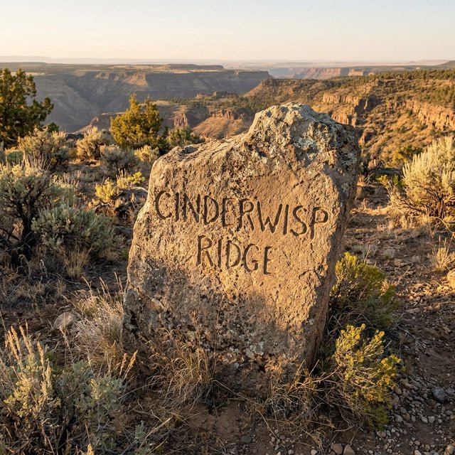 At a high desert canyon overlook, a weathered granite trail marker rises among sage and pale grasses; "CINDERWISP RIDGE" is deeply carved across its broad face, the cut letters catching slanting amber light. — Nano Banana 2.1