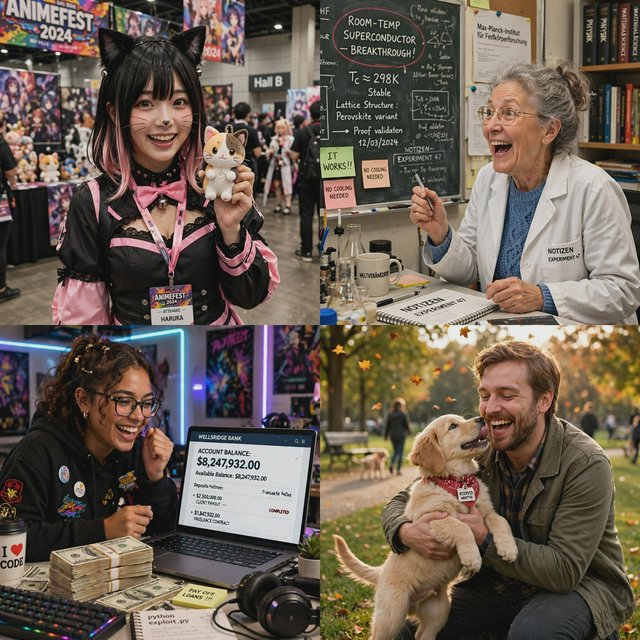 Realistic. Four scenes in one. 1) A pretty Japanese woman, about 19–23 years old, in cat-type cosplay at an anime convention. 2) An old German man or woman, about 60–65 years old, finally having a breakthrough that would change the world. 3) A happy, mixed-race, 21-year-old female or male hacker checking their bank account, which has many zeros, with a bundle of cash near their PC. 4) A happy moment that would make you smile. — Muse Image 1.0