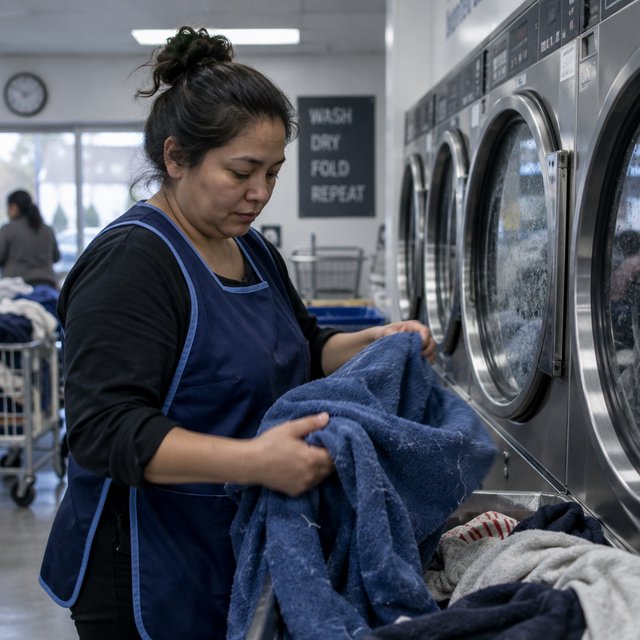Candid documentary photograph of an adult laundromat attendant sorting warm clothes beside humming machines, cool fluorescent light, 50mm lens with moderate depth of field, loose lint clinging to a blue towel and faint condensation on the glass doors. — GPT Image 2.5 Sunburst