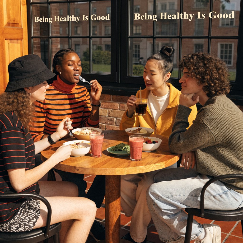 An image relating to good health and happiness. The words “Being Healthy Is Good” appear in the background at least a couple of times. 4–7 moments. — Recraft v4