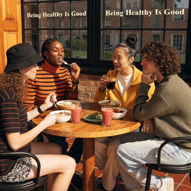 An image relating to good health and happiness. The words “Being Healthy Is Good” appear in the background at least a couple of times. 4–7 moments. — Recraft v4