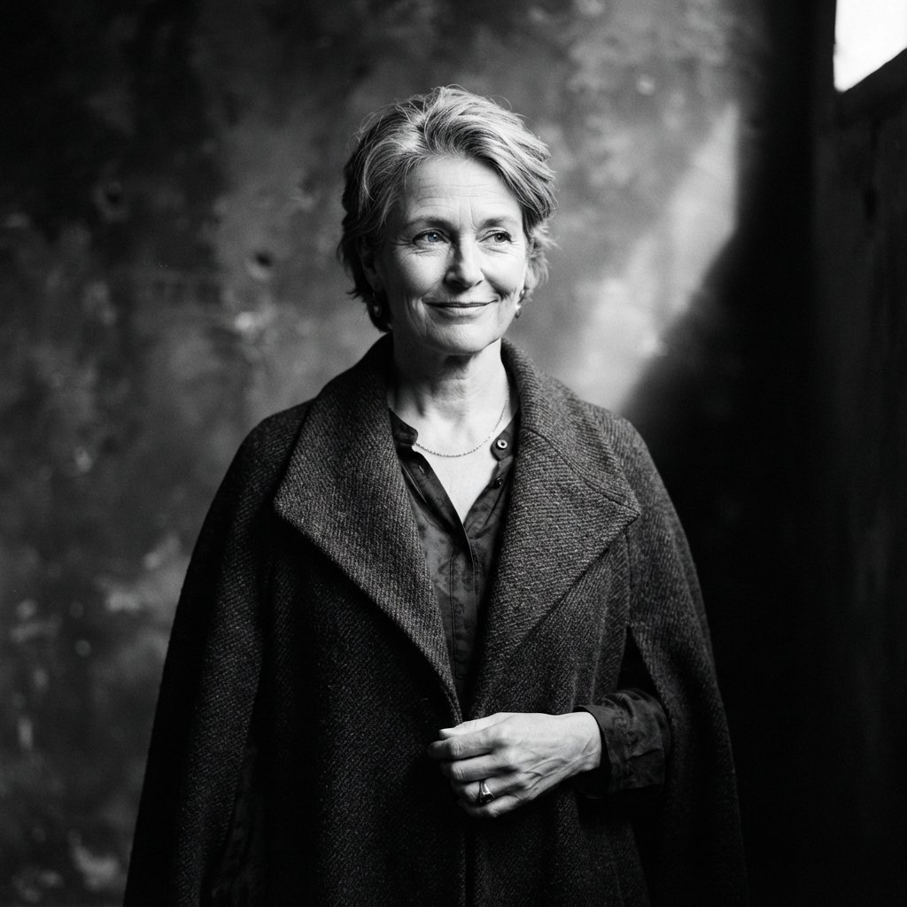 Under a narrow window beam, an adult woman in her late 50s wears a sculpted wool cape over a cotton blouse; her wry expression rests against a charcoal plaster backdrop in a black-and-white portrait, shaped by soft angled light. — Nano Banana 2 Lite