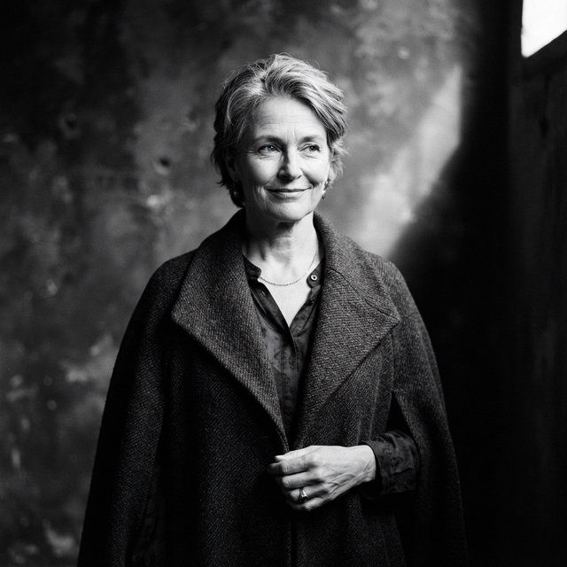 Under a narrow window beam, an adult woman in her late 50s wears a sculpted wool cape over a cotton blouse; her wry expression rests against a charcoal plaster backdrop in a black-and-white portrait, shaped by soft angled light. — Nano Banana 2 Lite