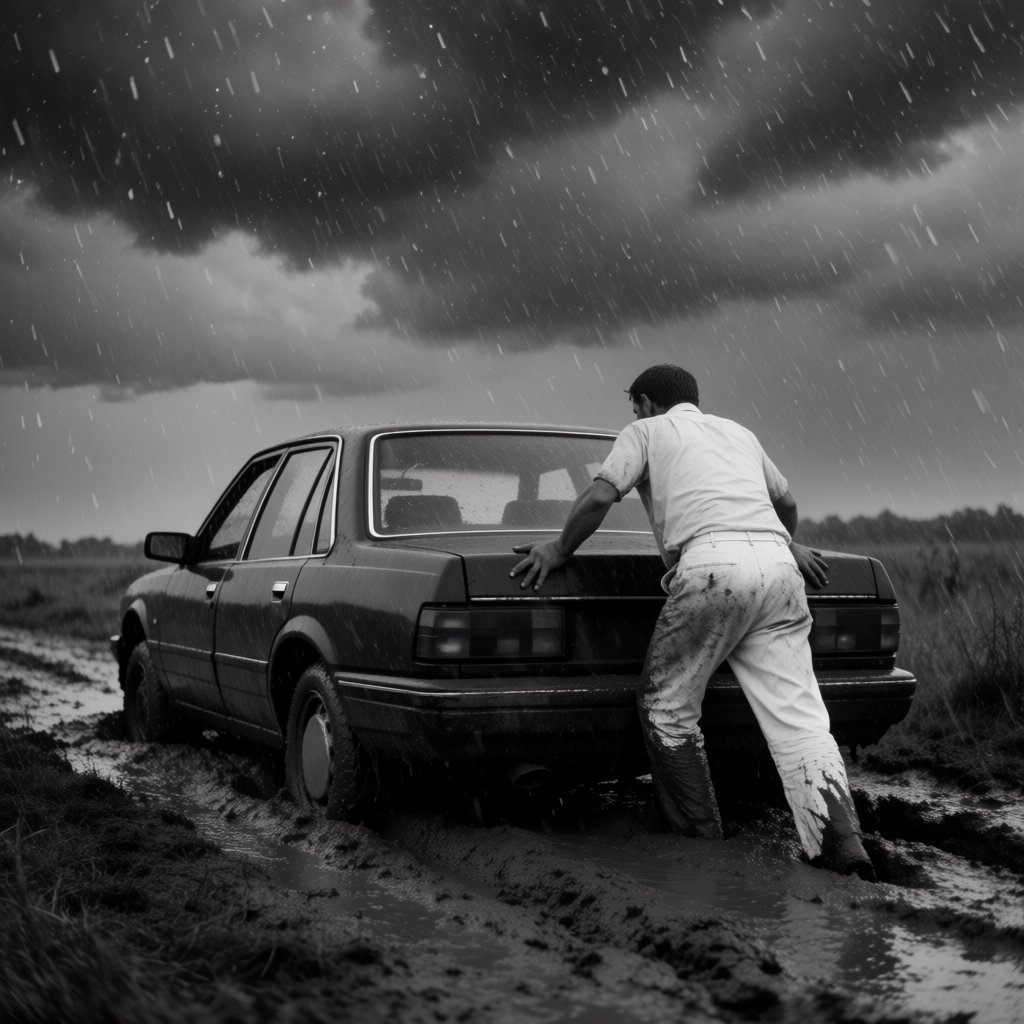 A man is pushing his car, which is stuck in the mud, amid heavy rain in the countryside. The sky is gloomy, and some hail is also falling on the car and the ground. The big man has mud all over his trousers. Show him struggling. — Krea 2 Medium