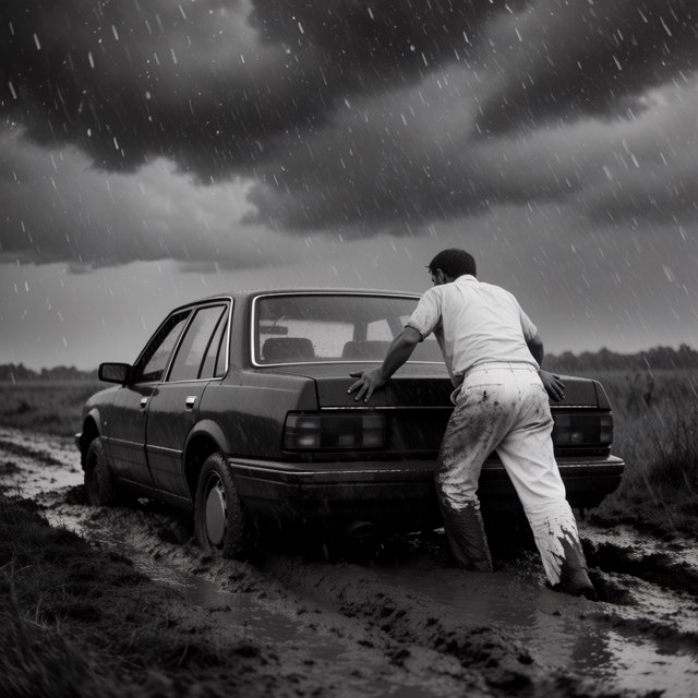 A man is pushing his car, which is stuck in the mud, amid heavy rain in the countryside. The sky is gloomy, and some hail is also falling on the car and the ground. The big man has mud all over his trousers. Show him struggling. — Krea 2 Medium