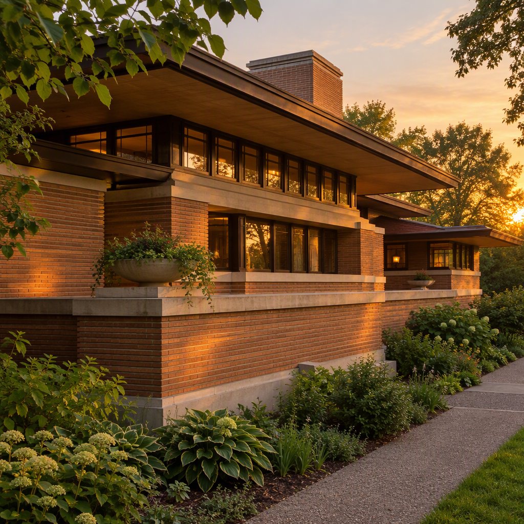 Exterior of a Prairie School residence with broad overhanging eaves, warm brick, limestone courses, and ribbon windows; amber evening light grazes the facade, viewed obliquely from a garden path, with disciplined horizontal lines and credible structure. — GPT Image 2.5 Flare