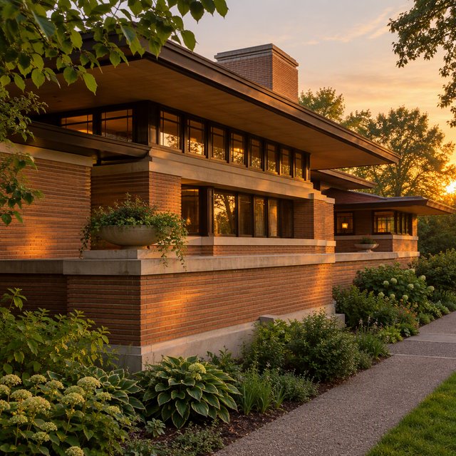 Exterior of a Prairie School residence with broad overhanging eaves, warm brick, limestone courses, and ribbon windows; amber evening light grazes the facade, viewed obliquely from a garden path, with disciplined horizontal lines and credible structure. — GPT Image 2.5 Flare