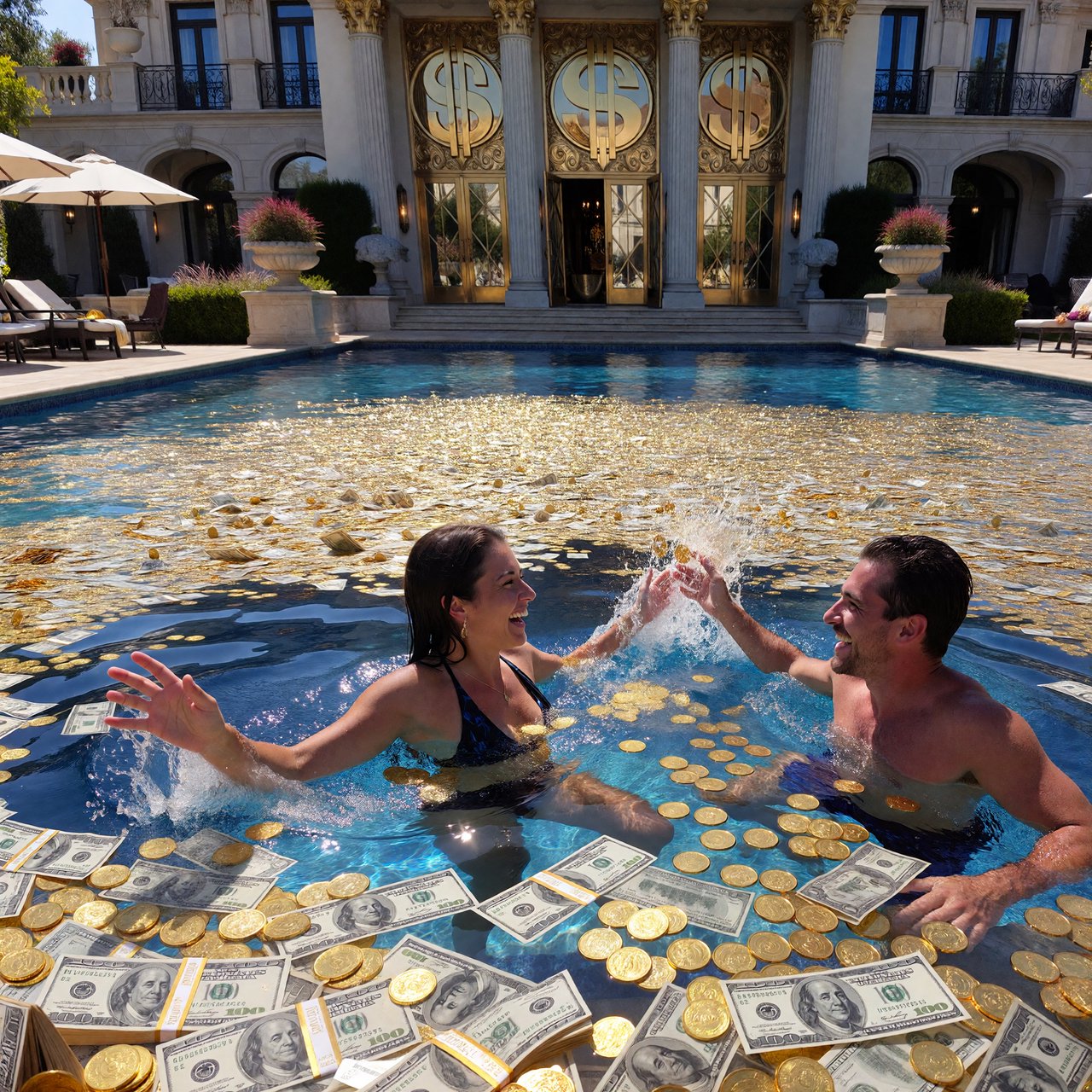 A wealthy adult couple swimming in a huge pool full of money, near a huge mansion with dollar signs on it, with a fun, happy vibe. — ImagineArt 1.5 Pro