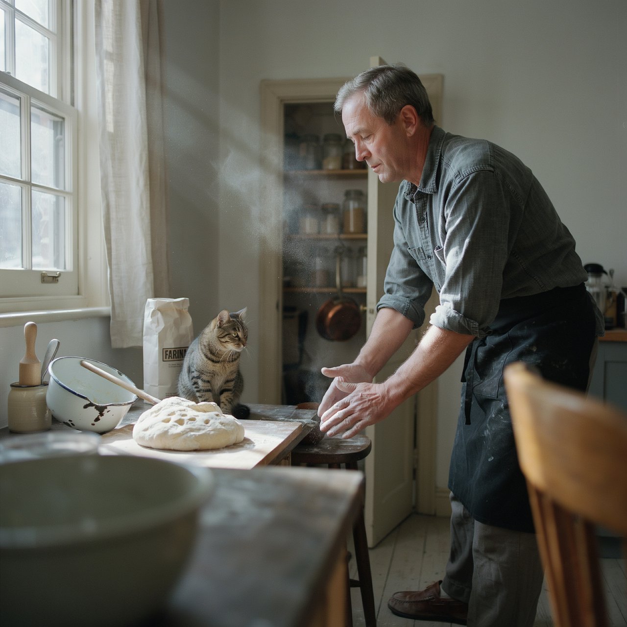 Documentary photo of a home kitchen mid-morning, flour dust in a shaft of window light, an older man kneading dough, natural light only. — Ideogram v4