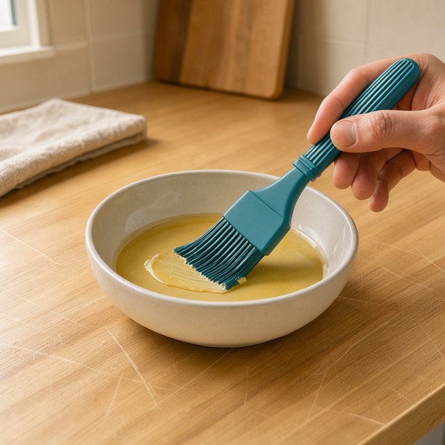 Across a honed maple counter, an adult hand guides an unbranded silicone pastry brush over a ceramic bowl; its ribbed teal handle catches diffused key light and warm bounce against a cream kitchen background, face cropped out, no lettering, commercial product image. — FLUX 3 Image Klein