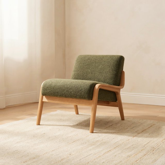 In a quiet reading-room corner, an unbranded lounge chair pairs a curved ash frame with nubby moss-green wool upholstery, set on a pale jute rug before a warm plaster wall; broad window diffusion and soft bounce shape this commercial product image, with no lettering. — Ideogram v4.5