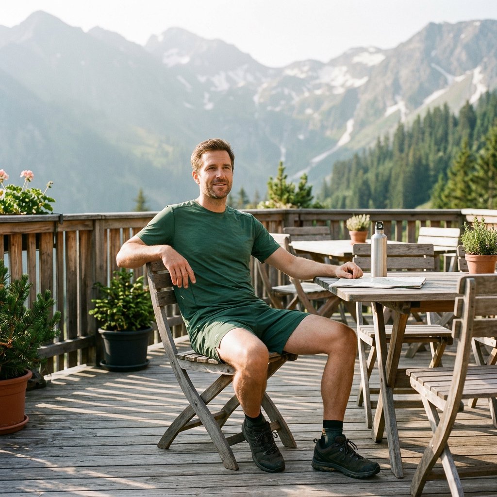 Editorial glamour photograph of an adult man in a forest-green fitness set, resting naturally after a hike on a sunlit alpine lodge terrace, flattering morning light on his face, relaxed expression, distant peaks softened behind him. — Nano Banana 2.1