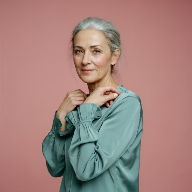 Portrait photograph of an adult woman in her early 60s wearing a softly pleated sea-green silk blouse, hands brushing its gathered sleeve fabric. Her amused, open expression stands against a matte rose backdrop, illuminated by broad, gentle studio light. — Ideogram v4