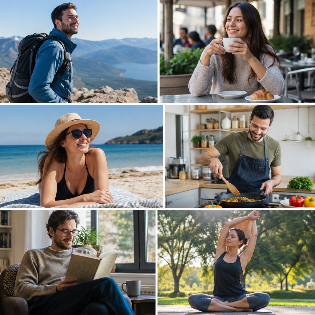 A realistic multi-panel composition with 4–7 panels, each depicting an adult enjoying a wonderful day in a distinct everyday setting. — GPT Image 2.5 Sunburst