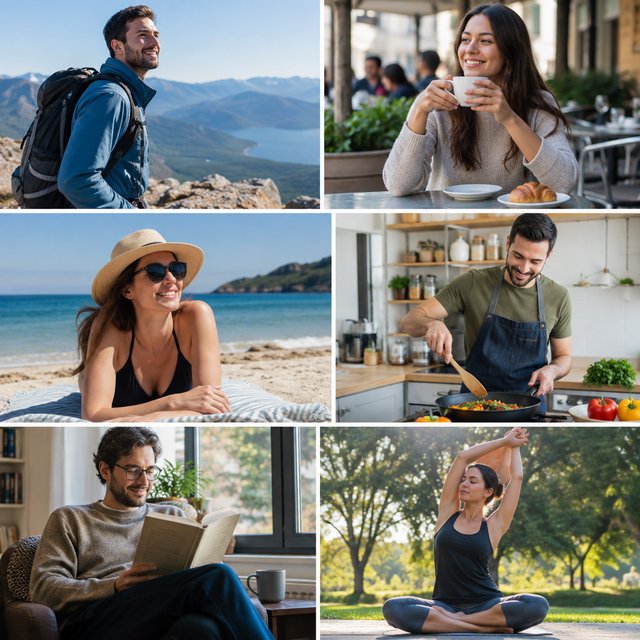 A realistic multi-panel composition with 4–7 panels, each depicting an adult enjoying a wonderful day in a distinct everyday setting. — GPT Image 2.5 Sunburst