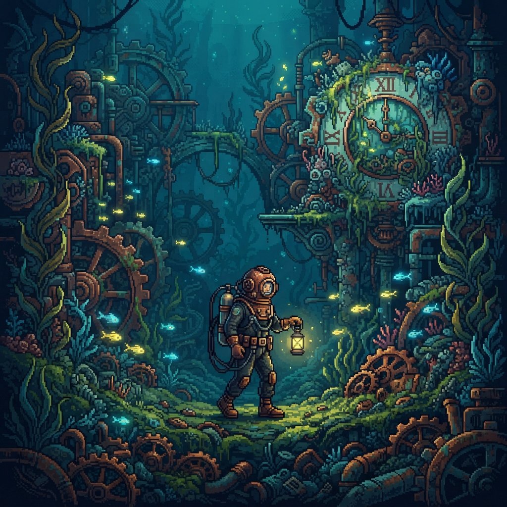 A brass-suited adult diver explores a submerged clockwork garden, where kelp curls around sunken gears and tiny fish glow in the dark; pixel art illustration, palette of teal, copper, midnight blue, and lemon yellow. — Nano Banana 2 Lite