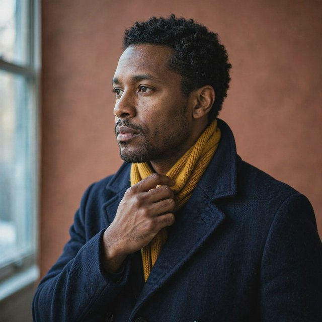 Editorial portrait of an adult Black man in his 30s wearing a deep navy wool overcoat and mustard scarf, fingers adjusting the scarf, thoughtful expression, muted terracotta studio backdrop, crisp cool window light. — Muse Image 1.0