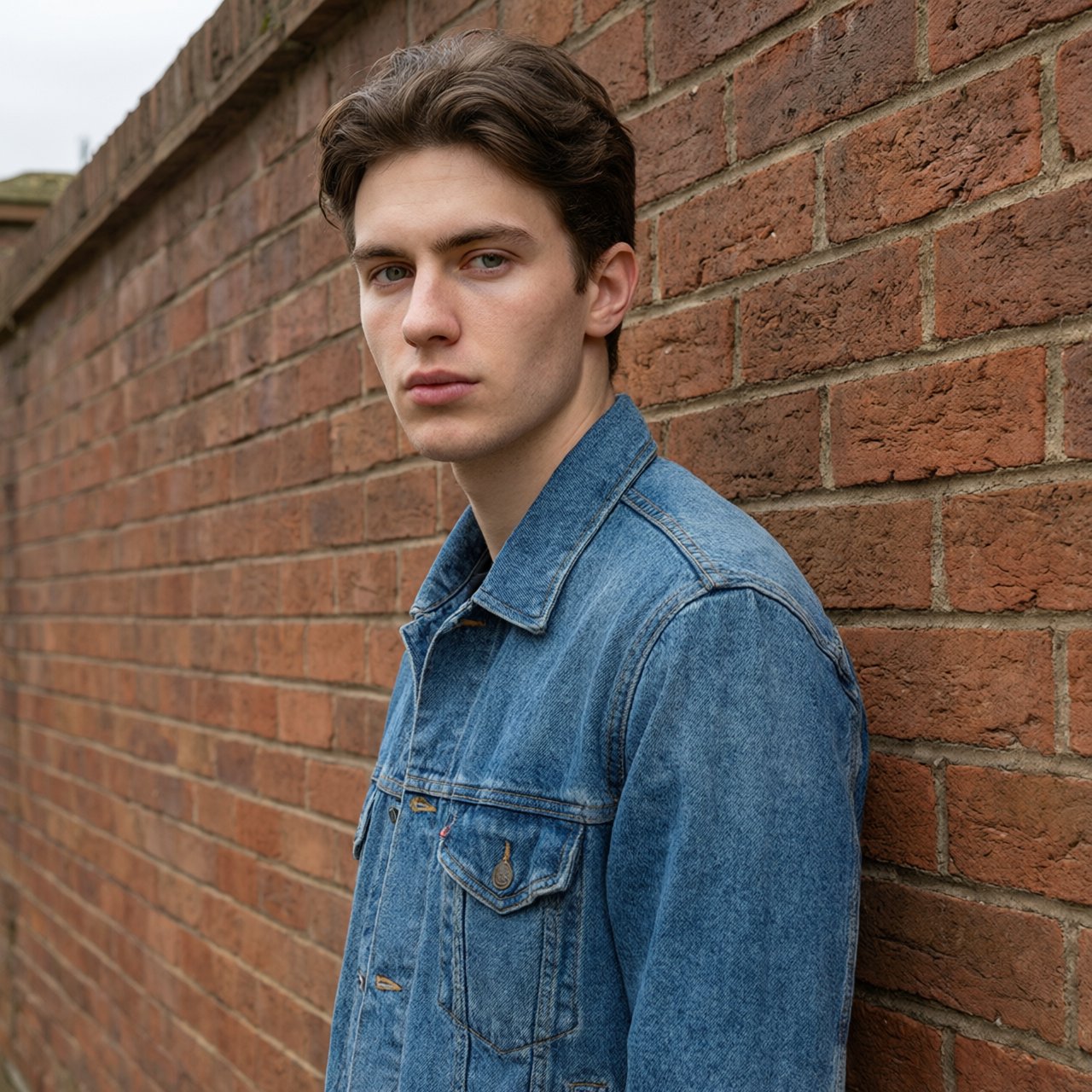Environmental portrait of a young man in a denim jacket leaning on a red brick wall, overcast light, looking just past the camera. — Qwen Image 3.0 Pro