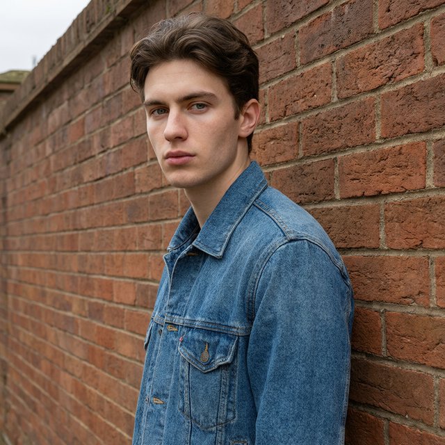 Environmental portrait of a young man in a denim jacket leaning on a red brick wall, overcast light, looking just past the camera. — Qwen Image 3.0 Pro