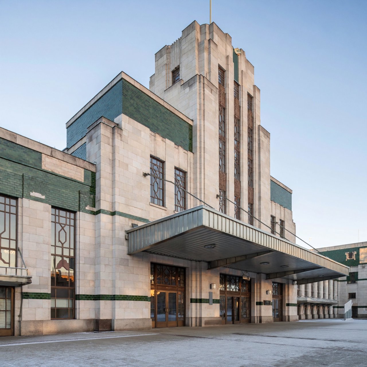Exterior of an Art Deco railway terminal in pale limestone and dark green glazed brick, with stepped massing, bronze-framed windows, and a broad canopy; clear winter morning light, viewed from the station forecourt, precise lines and credible structure. — ImagineArt 2
