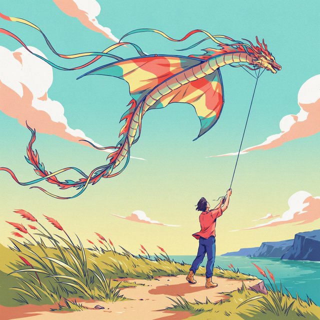 Cel-shaded anime illustration of an adult kite maker testing a vast translucent dragon-shaped kite on a windy coastal bluff, ribbons streaming above wild grasses and distant cliffs. Palette of coral, turquoise, butter yellow, and deep blue, with clean contours and a luminous sky. — Ideogram v4.5