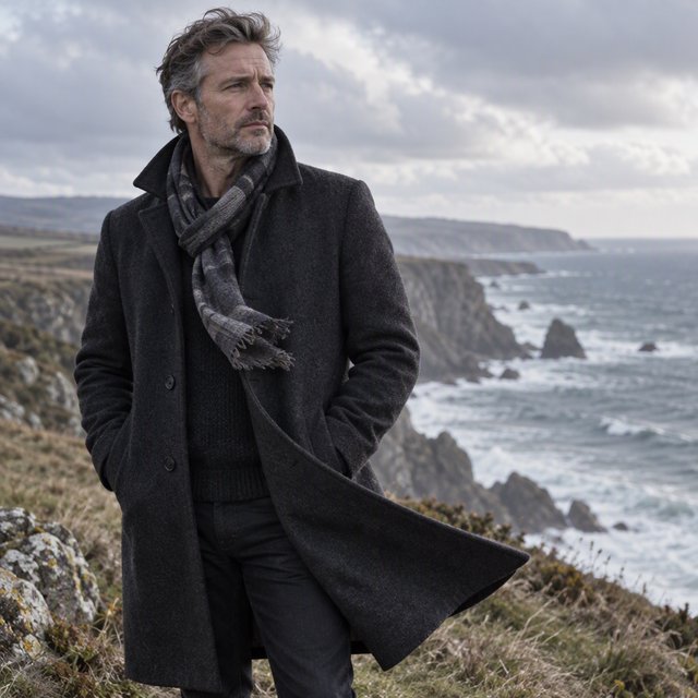 Wind lifts the hem of a charcoal wool coat as an adult man in his late 40s keeps a pensive gaze. The portrait frames him against a windswept coastal bluff beneath cool, cloud-filtered daylight. — GPT Image 2.5 Sunburst