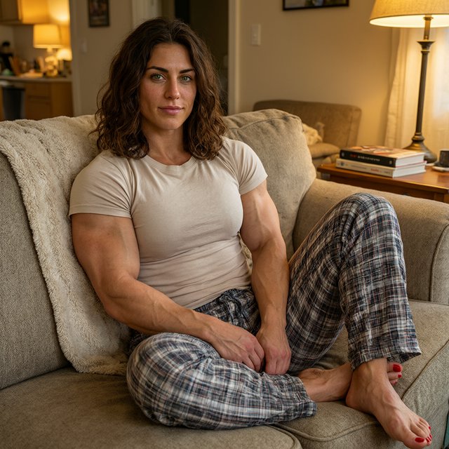 A 28-year-old, 6-foot-tall woman with wavy brunette hair falling just past her shoulders, olive skin, an oval face with soft angular cheekbones, and striking deep green eyes. She has a hyper-muscular, athletic physique built from intense heavy weightlifting and CrossFit — broad shoulders, defined arms, a strong back, and visible core and leg muscle definition — giving her a powerful, statuesque build. Her expression is relaxed and at ease. She lounges comfortably on a couch in her living room, wearing a soft fitted t-shirt and plaid pajama pants, barefoot with red-painted toenails. Warm evening lamp light, cozy lived-in living room background with a throw blanket and a few books on a side table, soft natural shadows, skin texture. — Qwen Image 3.0 Pro