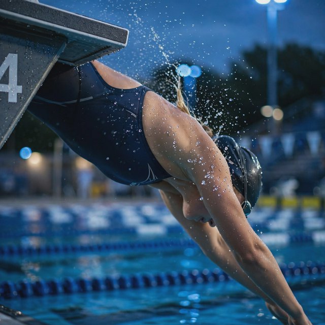 Under the blue-hour floodlights, an adult swimmer drives off the starting block into an outdoor pool. A real-world sports press photo, shot at 200mm with shallow depth of field, captures beads of water suspended around her shoulder. — Muse Image 1.0