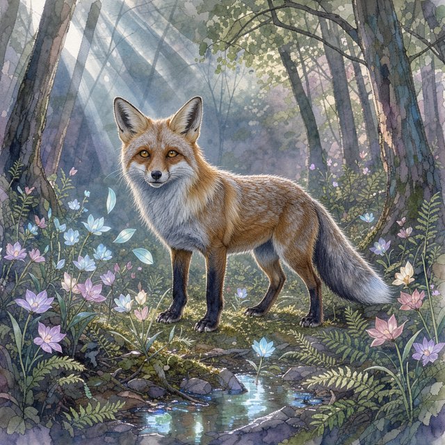 A majestic fox with fur like spun moonlight, standing in a clearing bathed in ethereal light. Bioluminescent flowers bloom around its paws, casting a soft, otherworldly glow. The scene is rendered in a detailed watercolor illustration style, with delicate brushstrokes and a muted, mystical color palette. Cinematic lighting emphasizes the magical ambiance. — Model 2