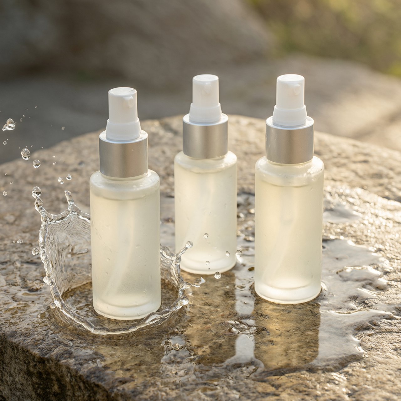 Three frosted glass skincare bottles on a wet stone surface with a splash of water, morning light, shallow depth of field. — Qwen Image 3.0 Pro