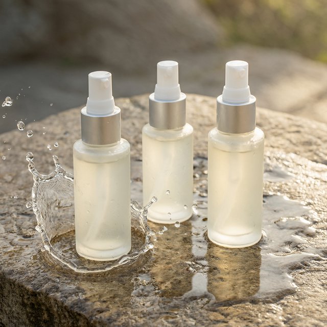 Three frosted glass skincare bottles on a wet stone surface with a splash of water, morning light, shallow depth of field. — Qwen Image 3.0 Pro