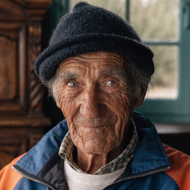 Close-up portrait of an elderly fisherman with deep wrinkles and a knitted cap, catchlights in the eyes, weathered skin texture, soft window light. — Recraft v4