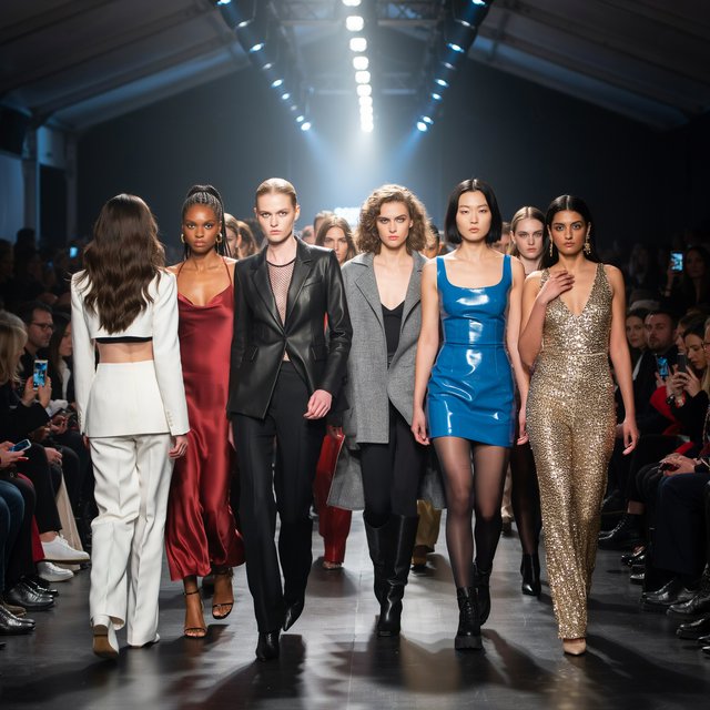 Adult female fashion models on the runway. There are models of all races: white, Black, Asian, Mexican, Indian, mixed race, etc. The vibe is cool and fierce. Many angles. — Ideogram v4