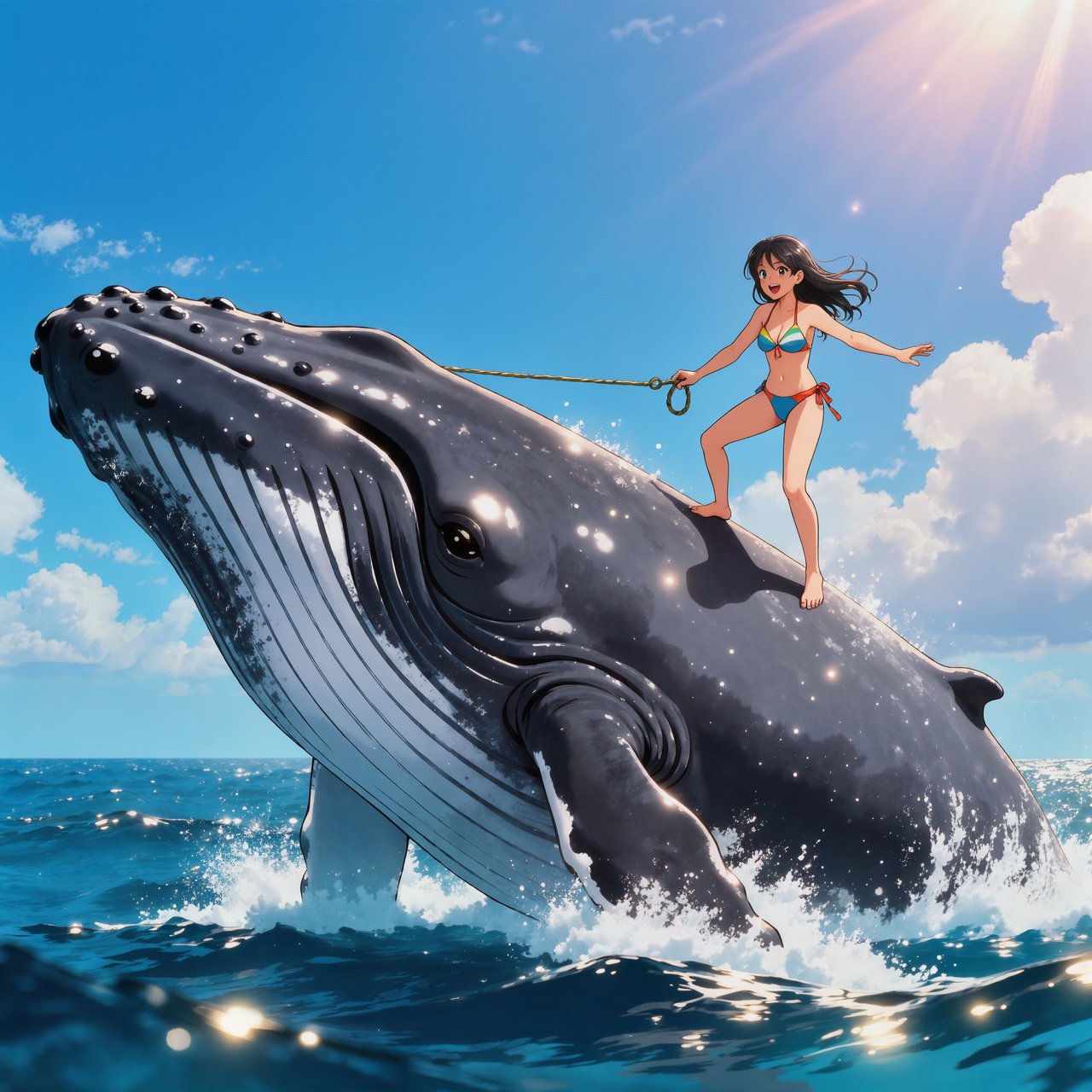 Anime-style illustration of an adult young woman confidently balancing on the broad back of a massive humpback whale as it swims across the open ocean. She wears a stylish two-piece bikini appropriate for a sunny tropical setting, with wet hair and subtle water droplets catching the light. One hand grips a sturdy tether secured near the whale's dorsal area, using it to maintain her balance as the whale moves through the waves, while her other arm extends naturally for stability. The whale is enormous and majestic, its dark blue-gray skin covered in realistic texture, scars, and subtle highlights. Its powerful body breaks partially above the rolling ocean surface, creating a sweeping trail of white foam and spray behind it. The woman looks exhilarated and joyful, her expression conveying adventure and freedom rather than fear. Vast open sea stretches toward the horizon beneath a brilliant blue sky with scattered white clouds. Sunlight sparkles across the water — Kling v3 Omni