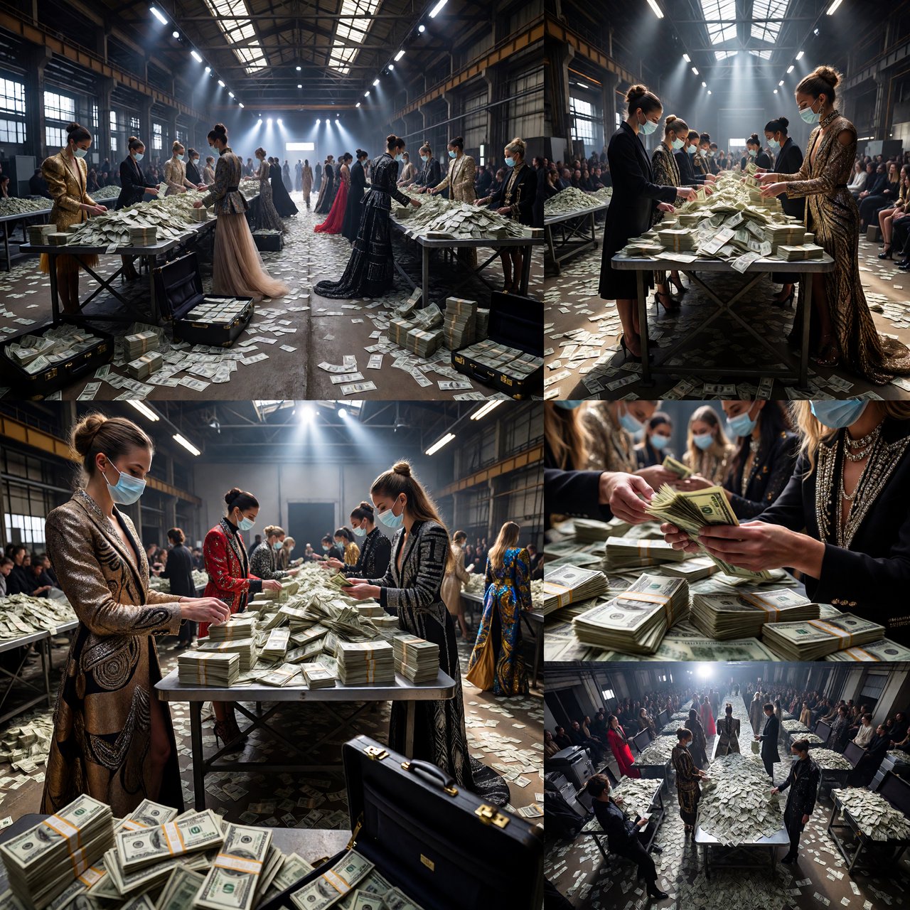 Adult women wearing masks (the kind you wear when you have a cold), in a warehouse, all wearing the kinds of outfits you would see models wear on a runway, counting lots of money (money is seen everywhere, on tables, on the floor, etc.). At least 4 different POVs. — ImagineArt 1.5 Pro