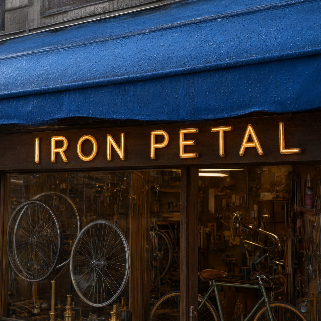 Rain beads on a bicycle repair shop’s blue awning, with wheels and brass tools visible behind the glass; “IRON PETAL” is lettered in warm yellow enamel capitals across the wooden fascia. — Qwen Image 3.0