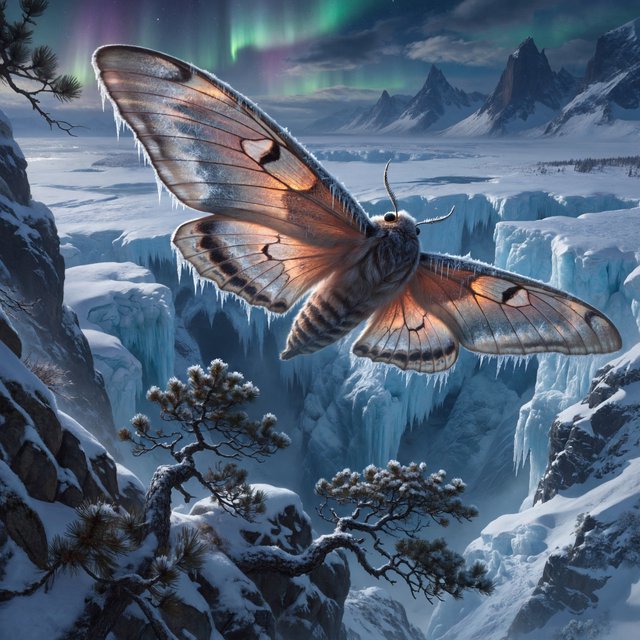 A cathedral-sized mothlike creature glides above a frozen ravine, its translucent wings veined with amber light and fringed with frost. Tiny mountain pines cling to the cliffs as aurora colors ripple across the snow. — ImagineArt 2