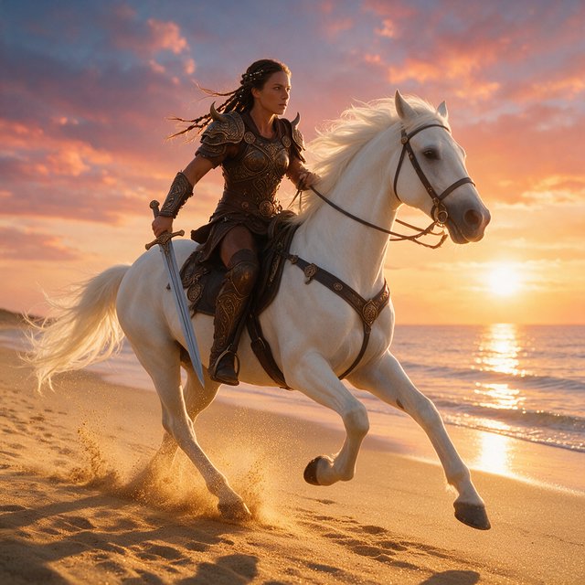 An adult female warrior on her white steed galloping along a fine-sand beach at sunset. — Seedream 5.0 Pro