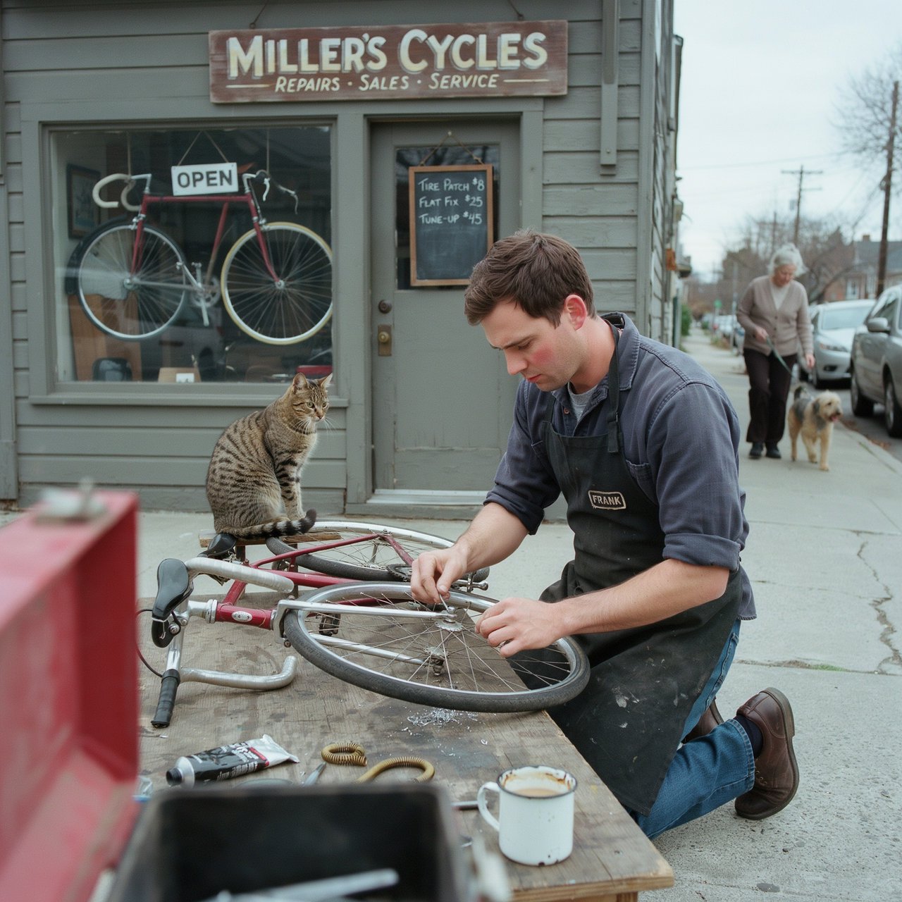 Candid documentary photograph of an adult bicycle mechanic repairing a flat tire outside a neighborhood workshop, soft overcast daylight, 35mm lens with moderate depth of field, greasy fingerprints, dust, and tiny metal shavings visible on the workbench. — Ideogram v4