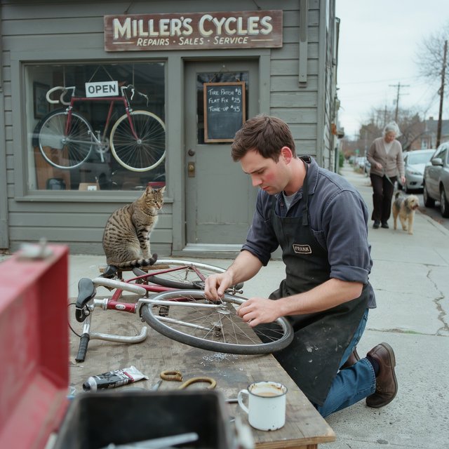 Candid documentary photograph of an adult bicycle mechanic repairing a flat tire outside a neighborhood workshop, soft overcast daylight, 35mm lens with moderate depth of field, greasy fingerprints, dust, and tiny metal shavings visible on the workbench. — Ideogram v4