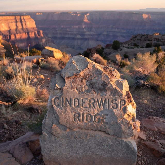 At a high desert canyon overlook, a weathered granite trail marker rises among sage and pale grasses; "CINDERWISP RIDGE" is deeply carved across its broad face, the cut letters catching slanting amber light. — ImagineArt 2