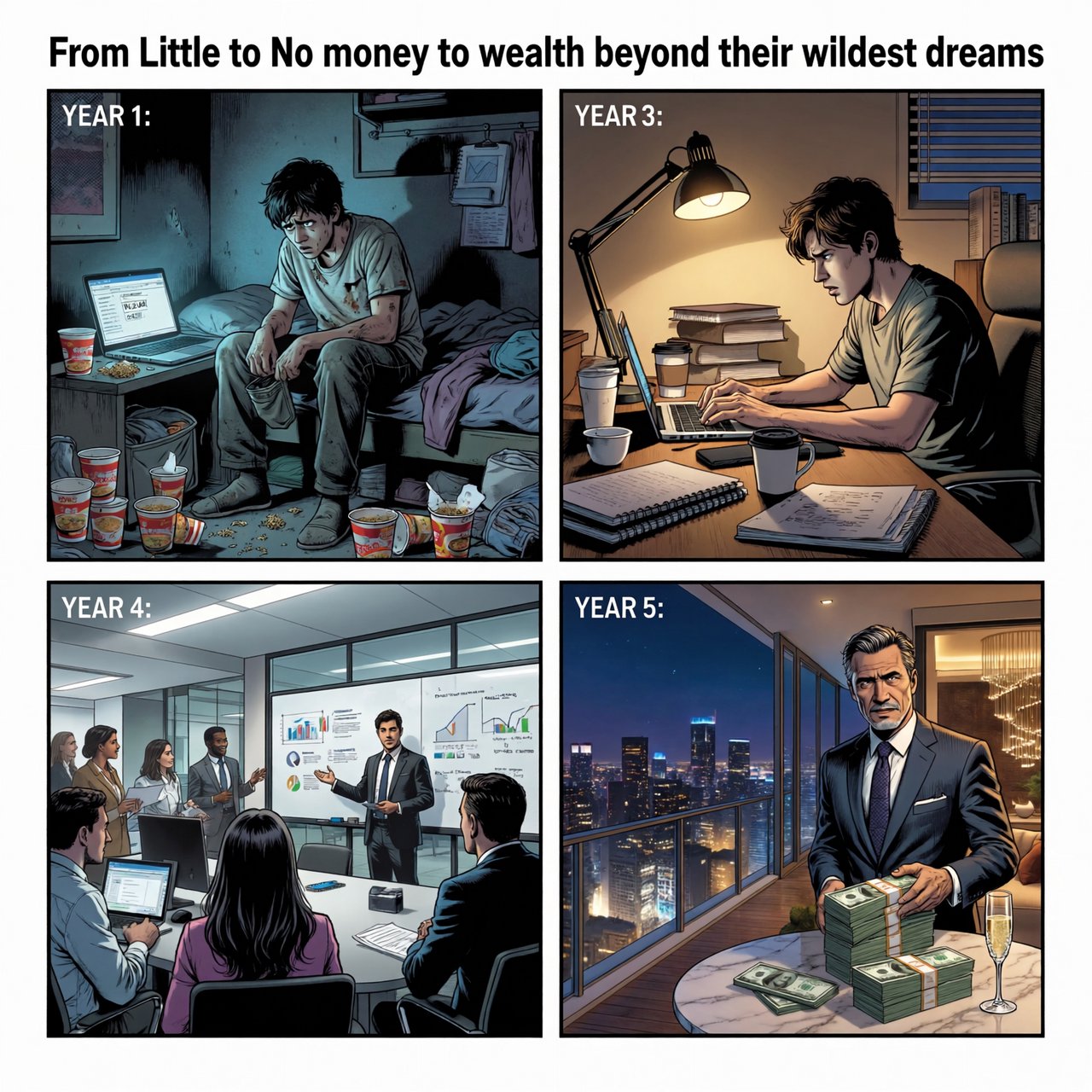 Realistic comic. At least 4 panels. It showcases 5 years of someone's life, from the first year, when they struggled to make money, to the fifth year, when they are worth millions to billions of dollars. Make sure money is seen at least once in the image. At the top, it says "From Little to no money to wealth beyond their wildest dreams". — ImagineArt 2