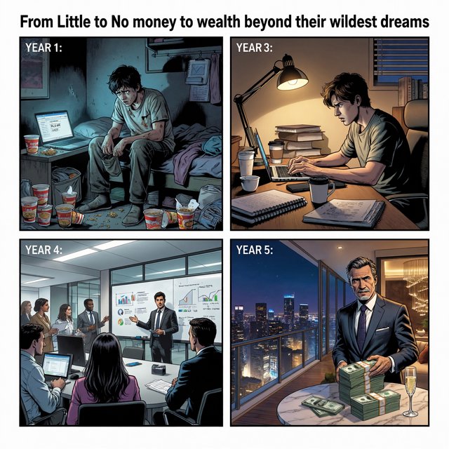 Realistic comic. At least 4 panels. It showcases 5 years of someone's life, from the first year, when they struggled to make money, to the fifth year, when they are worth millions to billions of dollars. Make sure money is seen at least once in the image. At the top, it says "From Little to no money to wealth beyond their wildest dreams". — ImagineArt 2