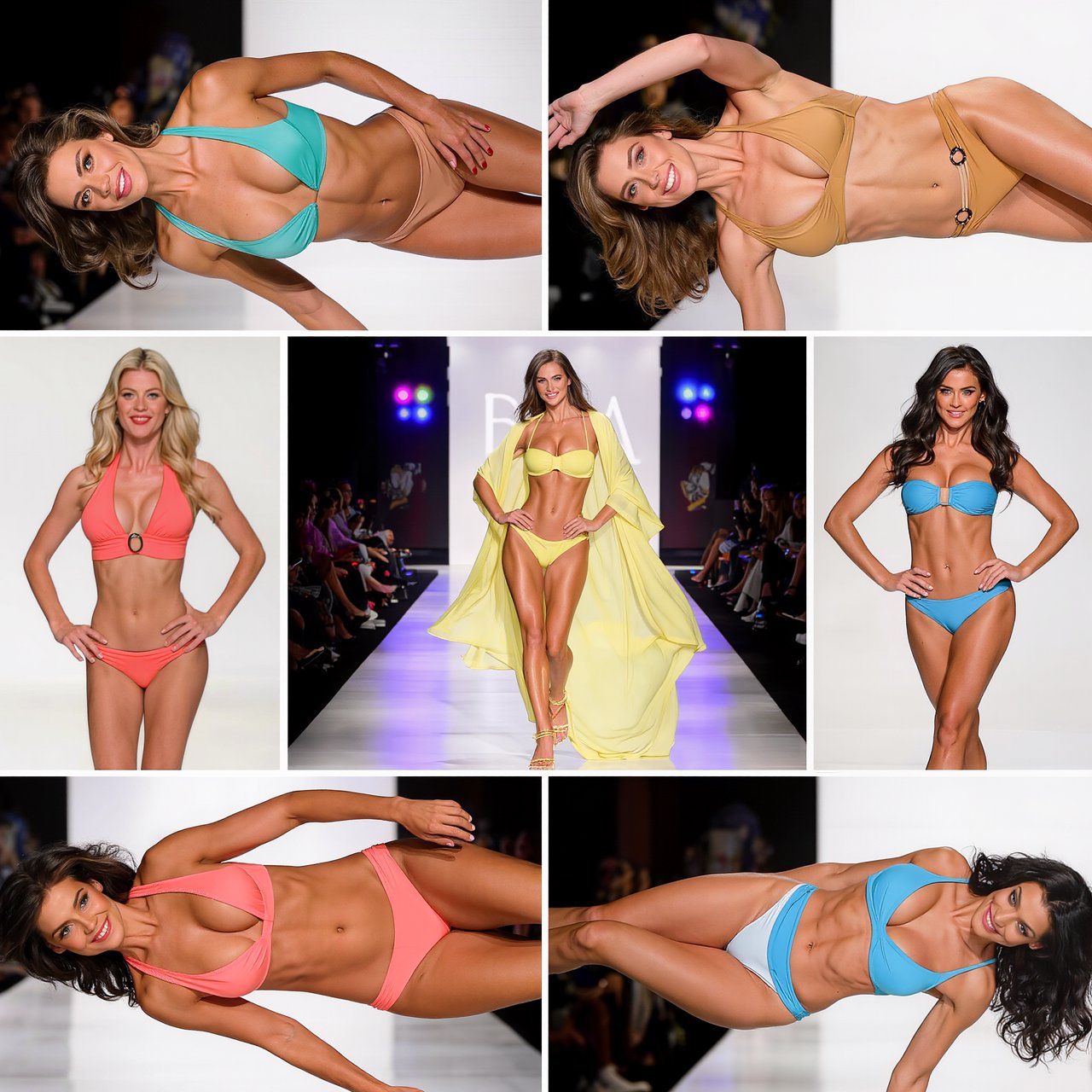 Realistic adult female models on the runway in beachwear. 4–7 models. Full front, back, side, and aerial views. — Kling v3