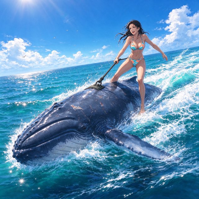 Anime-style illustration of an adult young woman confidently balancing on the broad back of a massive humpback whale as it swims across the open ocean. She wears a stylish two-piece bikini appropriate for a sunny tropical setting, with wet hair and subtle water droplets catching the light. One hand grips a sturdy tether secured near the whale's dorsal area, using it to maintain her balance as the whale moves through the waves, while her other arm extends naturally for stability. The whale is enormous and majestic, its dark blue-gray skin covered in realistic texture, scars, and subtle highlights. Its powerful body breaks partially above the rolling ocean surface, creating a sweeping trail of white foam and spray behind it. The woman looks exhilarated and joyful, her expression conveying adventure and freedom rather than fear. Vast open sea stretches toward the horizon beneath a brilliant blue sky with scattered white clouds. Sunlight sparkles across the water — Seedream 5.0 Flash